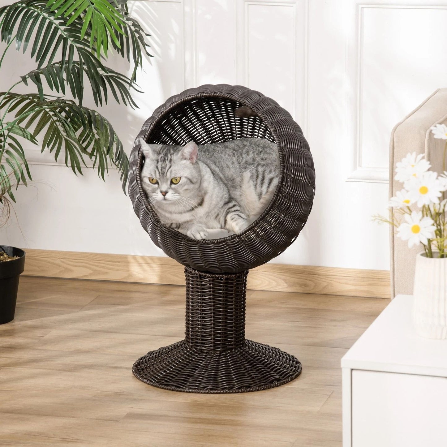 27" Rattan Wicker Elevated Cat House – Cozy Kitty Scratch House with Plush Cushion, Boho Pet Bed