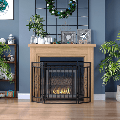 Folding Fireplace Screen, Black Home Metal Mesh Fire Spark Guard, Protective Fireplace Safety Screen