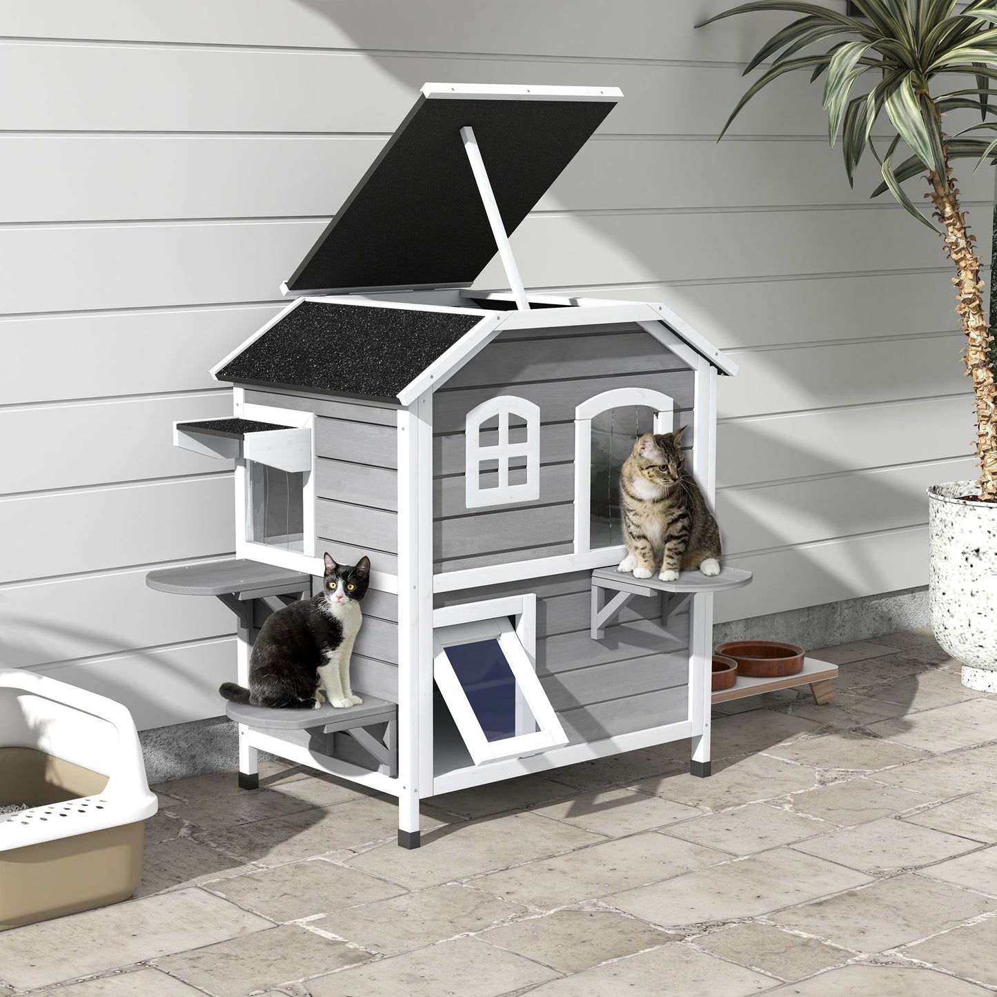 PawHut 2Story Wooden Cat House  Waterproof Outdoor Cat Shelter With Openable Roof Balcony TwoTier D 6