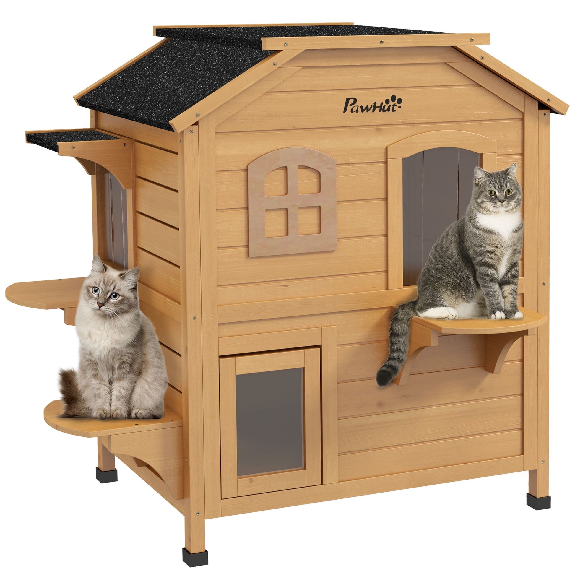 PawHut 2Story Wooden Cat House  Waterproof Outdoor Cat Shelter With Openable Roof Balcony TwoTier D 10