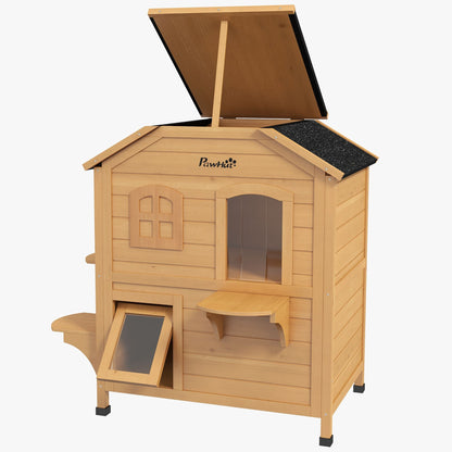PawHut 2Story Wooden Cat House  Waterproof Outdoor Cat Shelter With Openable Roof Balcony TwoTier D 14