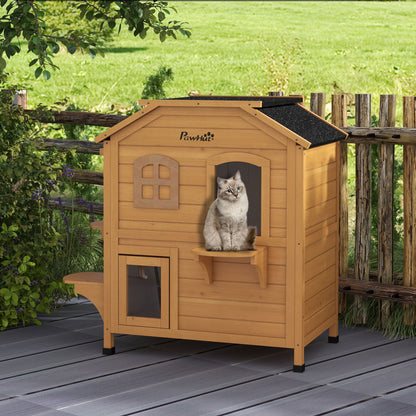 PawHut 2Story Wooden Cat House  Waterproof Outdoor Cat Shelter With Openable Roof Balcony TwoTier D 11