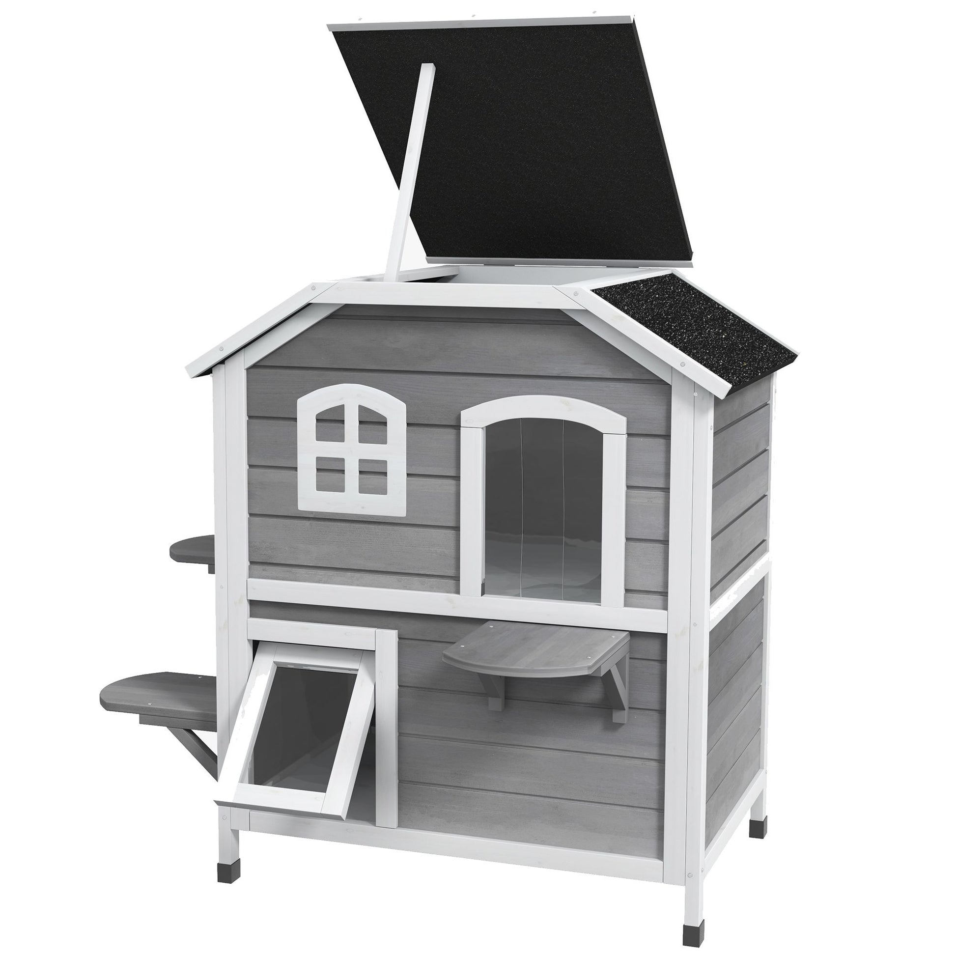 PawHut 2Story Wooden Cat House  Waterproof Outdoor Cat Shelter With Openable Roof Balcony TwoTier D 1