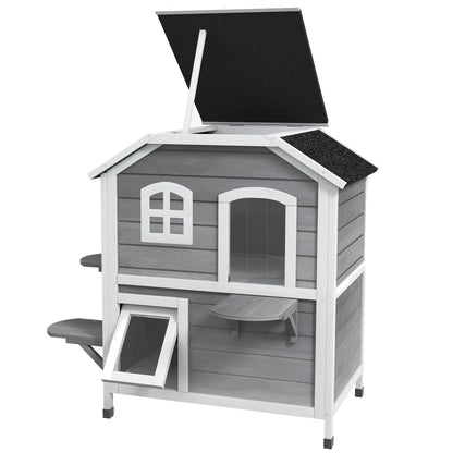 PawHut 2Story Wooden Cat House  Waterproof Outdoor Cat Shelter With Openable Roof Balcony TwoTier D 1