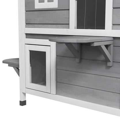 PawHut 2Story Wooden Cat House  Waterproof Outdoor Cat Shelter With Openable Roof Balcony TwoTier D 2