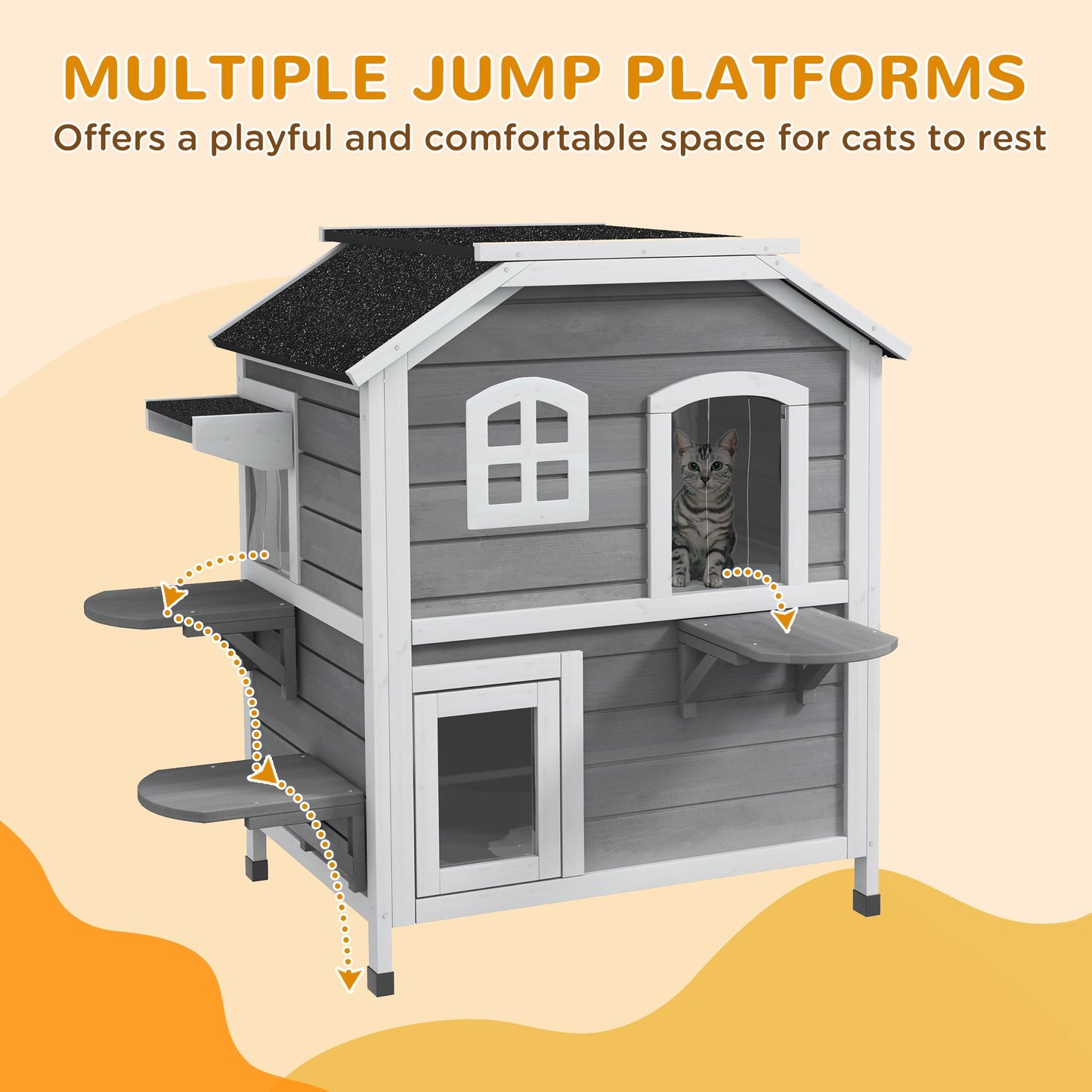 PawHut 2Story Wooden Cat House  Waterproof Outdoor Cat Shelter With Openable Roof Balcony TwoTier D 3