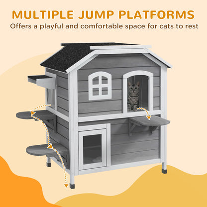 PawHut 2Story Wooden Cat House  Waterproof Outdoor Cat Shelter With Openable Roof Balcony TwoTier D 3
