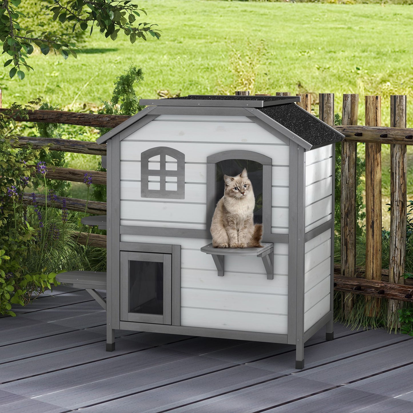 PawHut 2Story Wooden Cat House  Waterproof Outdoor Cat Shelter With Openable Roof Balcony TwoTier D 9