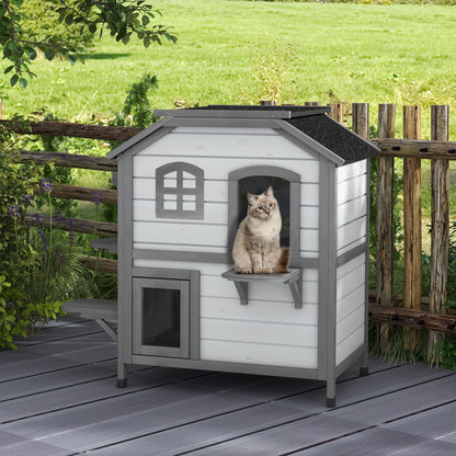 PawHut 2Story Wooden Cat House  Waterproof Outdoor Cat Shelter With Openable Roof Balcony TwoTier D 9