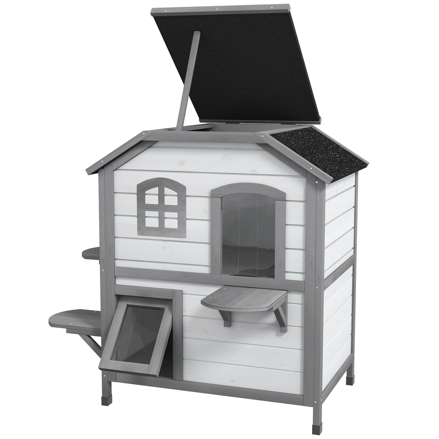 PawHut 2Story Wooden Cat House  Waterproof Outdoor Cat Shelter With Openable Roof Balcony TwoTier D 5