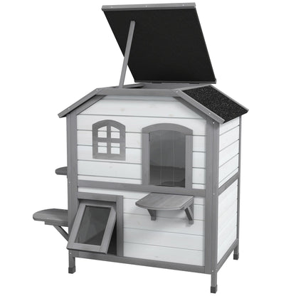 PawHut 2Story Wooden Cat House  Waterproof Outdoor Cat Shelter With Openable Roof Balcony TwoTier D 5