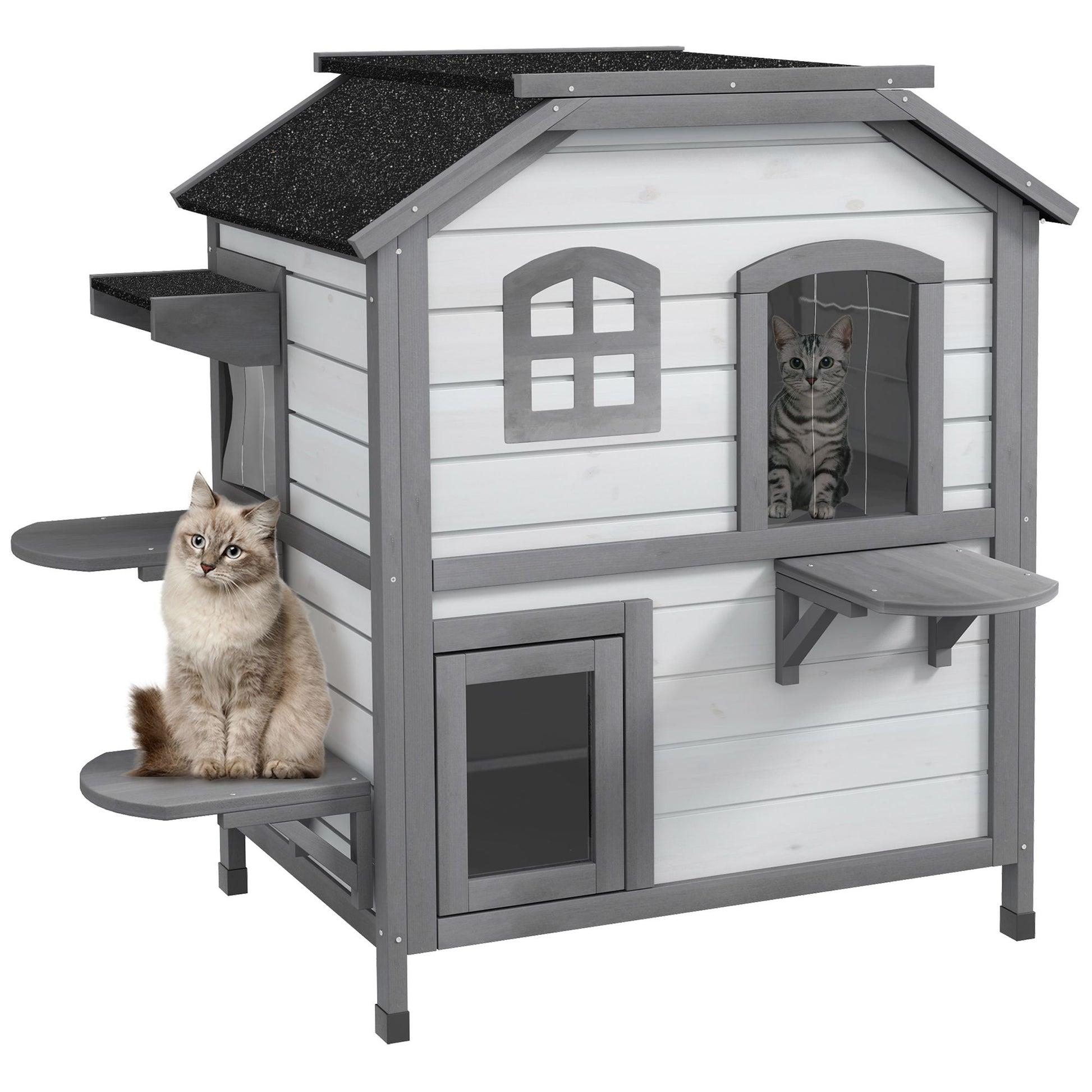 PawHut 2-Story Wooden Cat House – Waterproof Outdoor Cat Shelter with Openable Roof, Balcony Two-Tier Design for Indoor