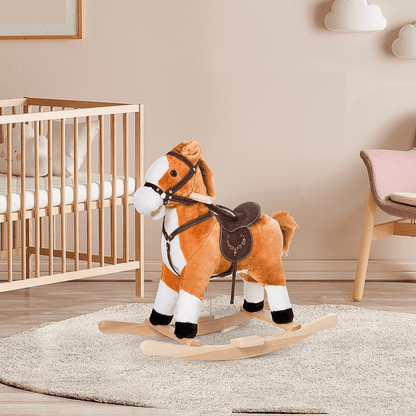 Kids Rocking Horse Plush Ride on Toy with Sound & Moving Tail, Classic Child Rocker