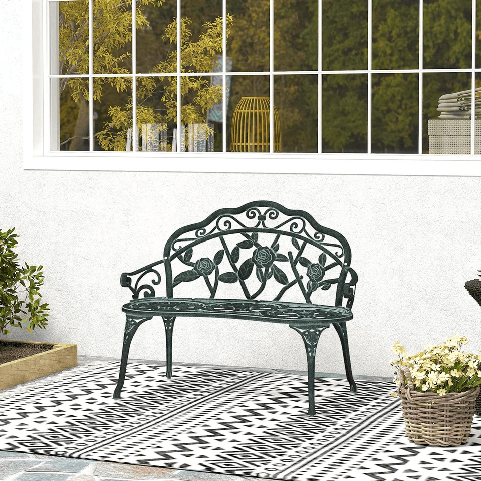 Antique Cast Aluminum Outdoor Patio Garden Bench, Rose Design Park Yard Furniture Weather-Resistant Seating