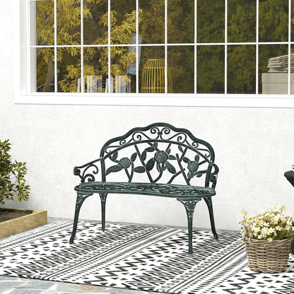 Antique Cast Aluminum Outdoor Patio Garden Bench, Rose Design Park Yard Furniture Weather-Resistant Seating
