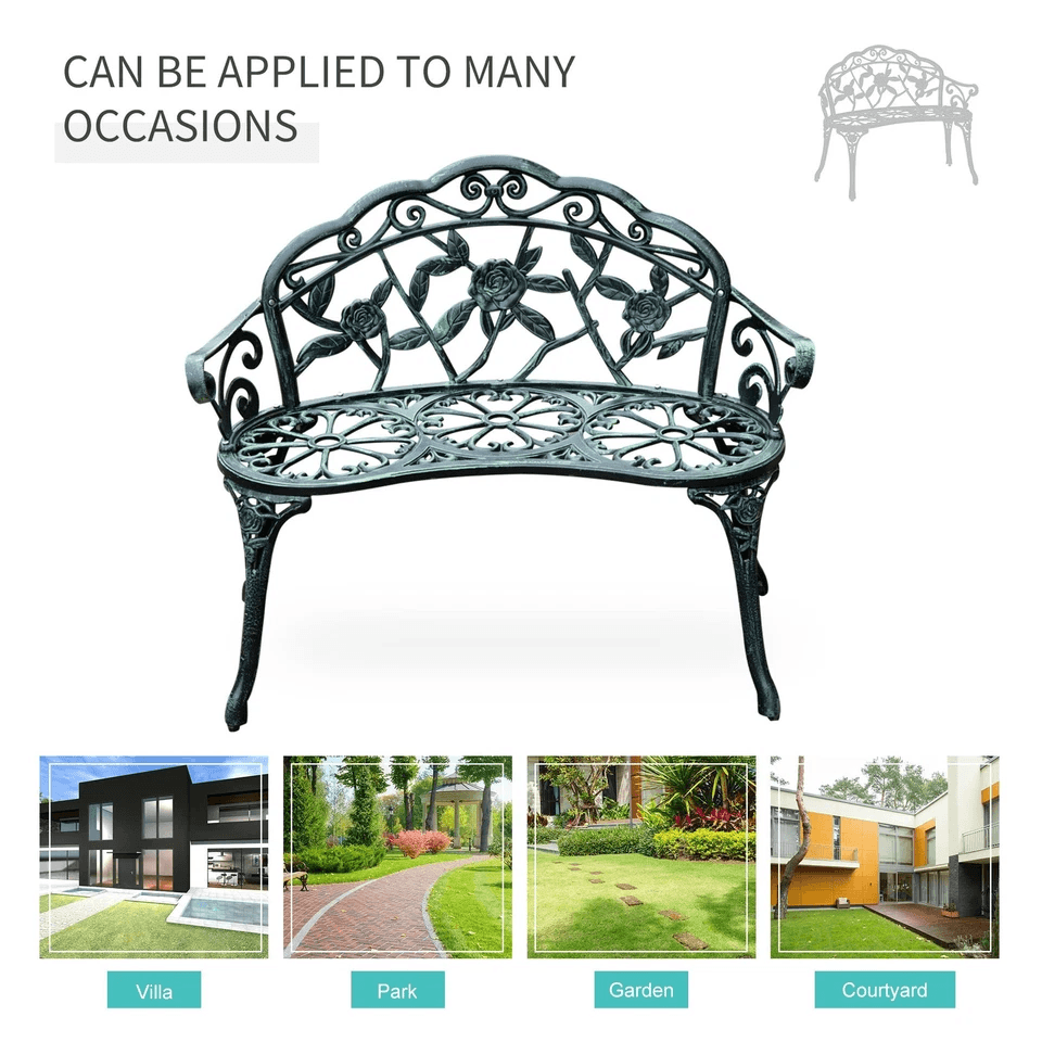 Antique Cast Aluminum Outdoor Patio Garden Bench Rose Design Park Yard Furniture WeatherResistant S