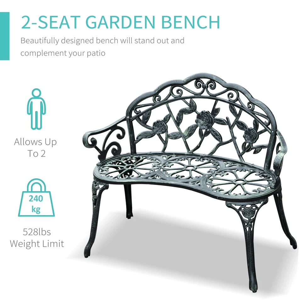 Antique Cast Aluminum Outdoor Patio Garden Bench Rose Design Park Yard Furniture WeatherResistant S