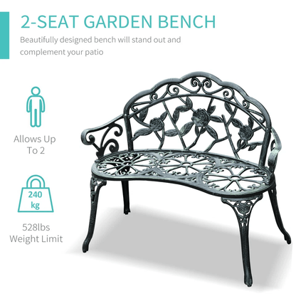 Antique Cast Aluminum Outdoor Patio Garden Bench Rose Design Park Yard Furniture WeatherResistant S