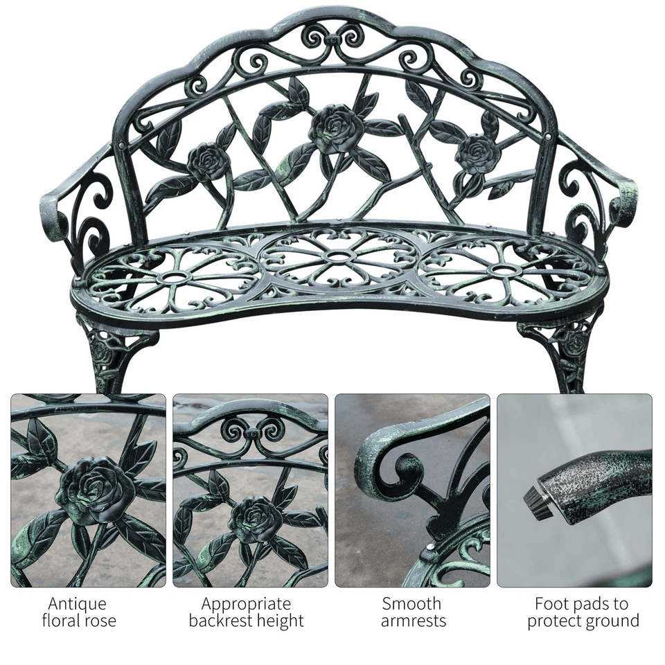 Antique Cast Aluminum Outdoor Patio Garden Bench Rose Design Park Yard Furniture WeatherResistant S