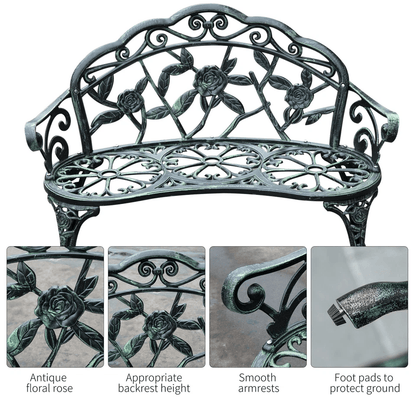 Antique Cast Aluminum Outdoor Patio Garden Bench Rose Design Park Yard Furniture WeatherResistant S