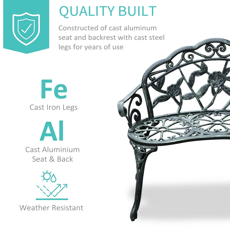 Antique Cast Aluminum Outdoor Patio Garden Bench Rose Design Park Yard Furniture WeatherResistant S