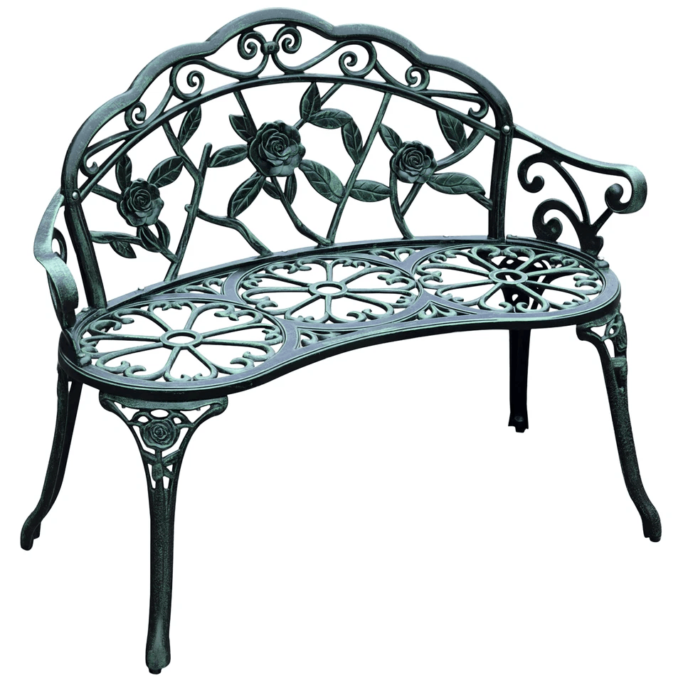 Antique Cast Aluminum Outdoor Patio Garden Bench Rose Design Park Yard Furniture WeatherResistant S