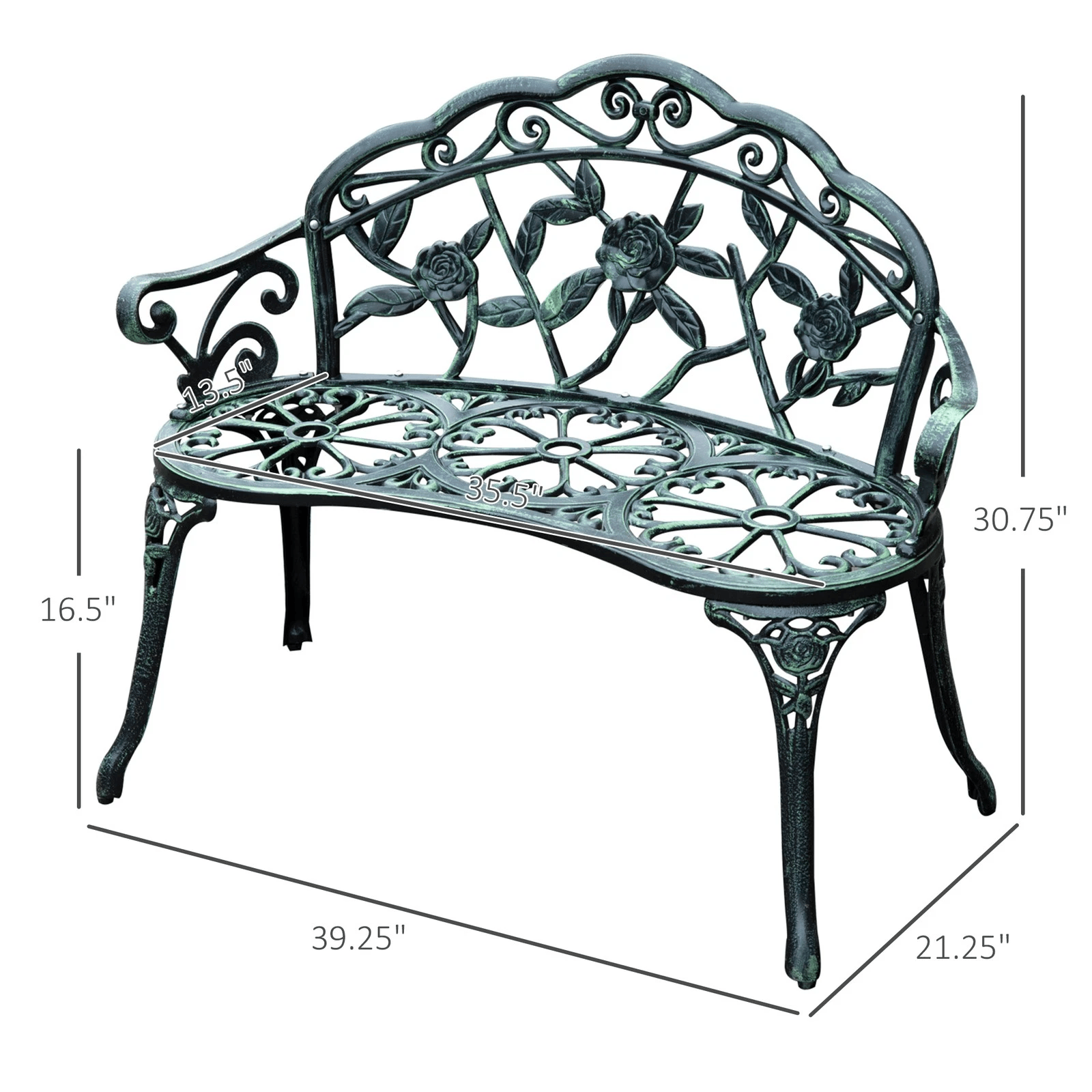 Antique Cast Aluminum Outdoor Patio Garden Bench Rose Design Park Yard Furniture WeatherResistant S