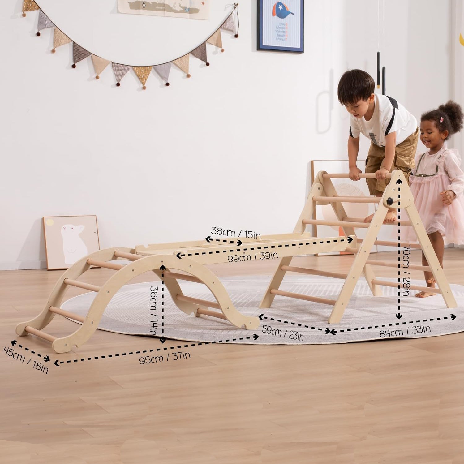 Medium Foldable Pikler Triangle Set with Sliding Ramp & Climbing Arch, 5-in-1 Wooden Toddler Climbing Toys Indoor