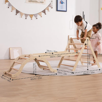 Medium Foldable Pikler Triangle Set with Sliding Ramp & Climbing Arch, 5-in-1 Wooden Toddler Climbing Toys Indoor