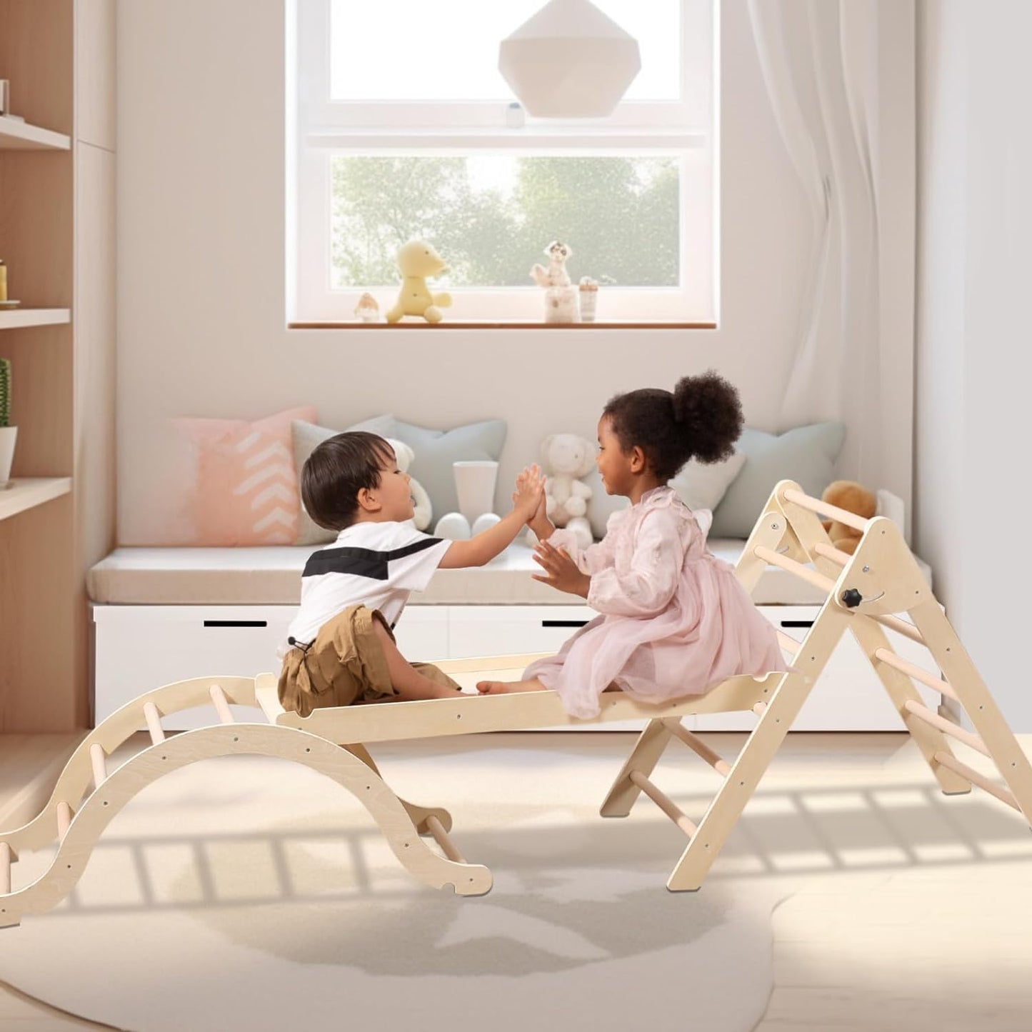 Medium Foldable Pikler Triangle Set with Sliding Ramp & Climbing Arch, 5-in-1 Wooden Toddler Climbing Toys Indoor