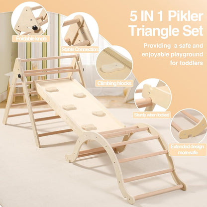 Medium Foldable Pikler Triangle Set with Sliding Ramp & Climbing Arch, 5-in-1 Wooden Toddler Climbing Toys Indoor