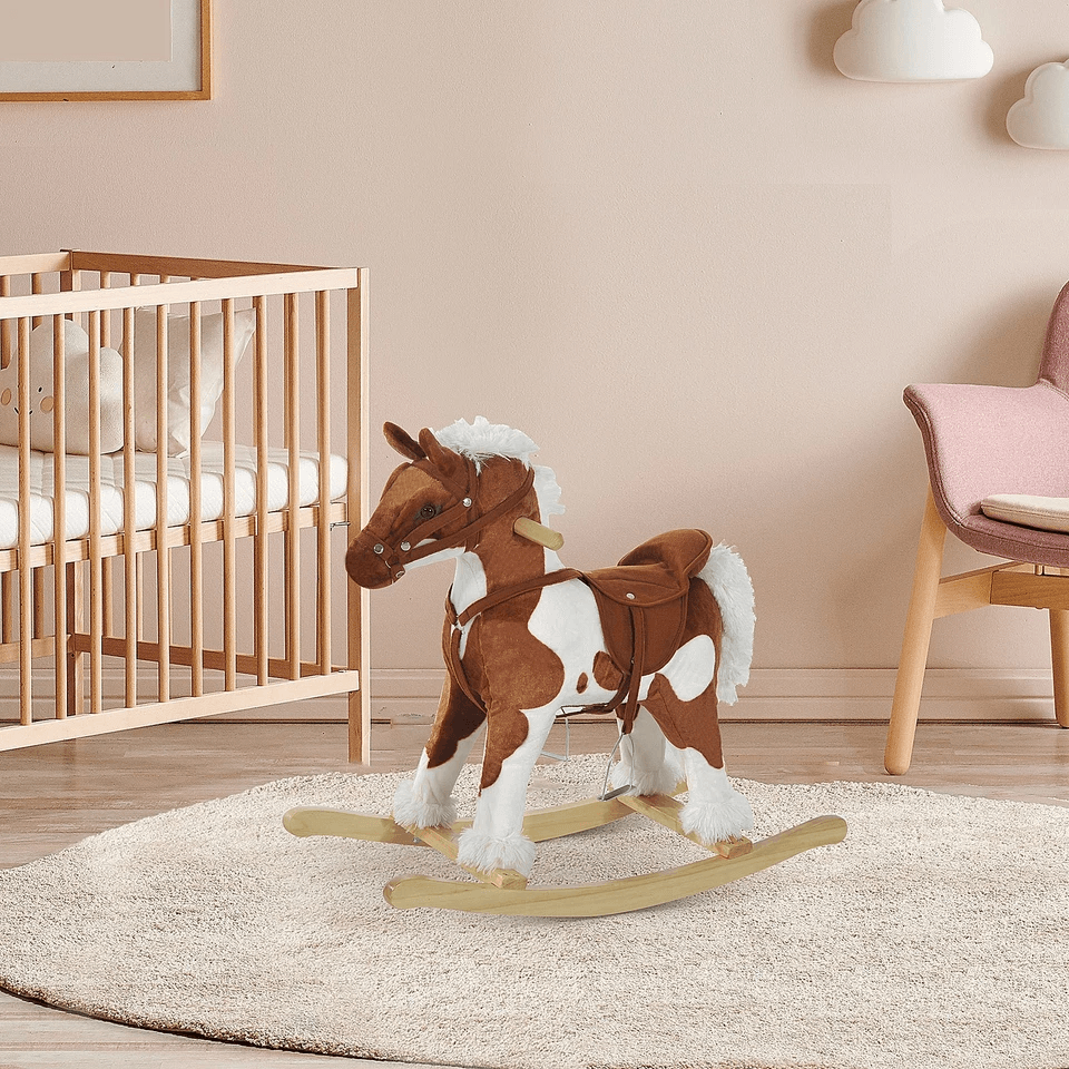 Plush Wood Kids Ride On Rocking Horse Toy Traditional Pony With Neigh Sound Safe  Fun Toddler Gift  2