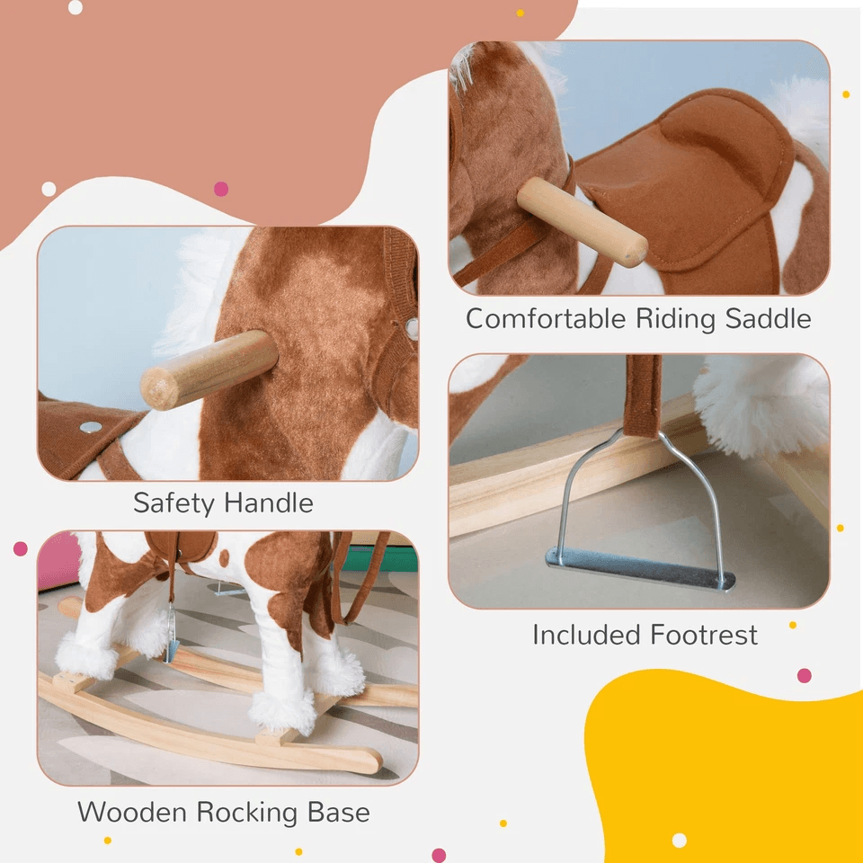 Plush Wood Kids Ride On Rocking Horse Toy Traditional Pony With Neigh Sound Safe  Fun Toddler Gift  3