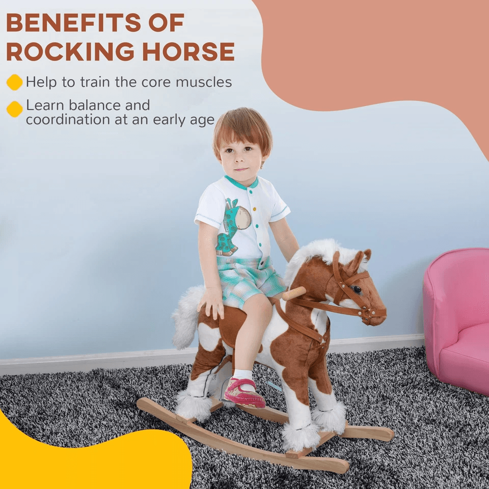 Plush Wood Kids Ride On Rocking Horse Toy Traditional Pony With Neigh Sound Safe  Fun Toddler Gift  8