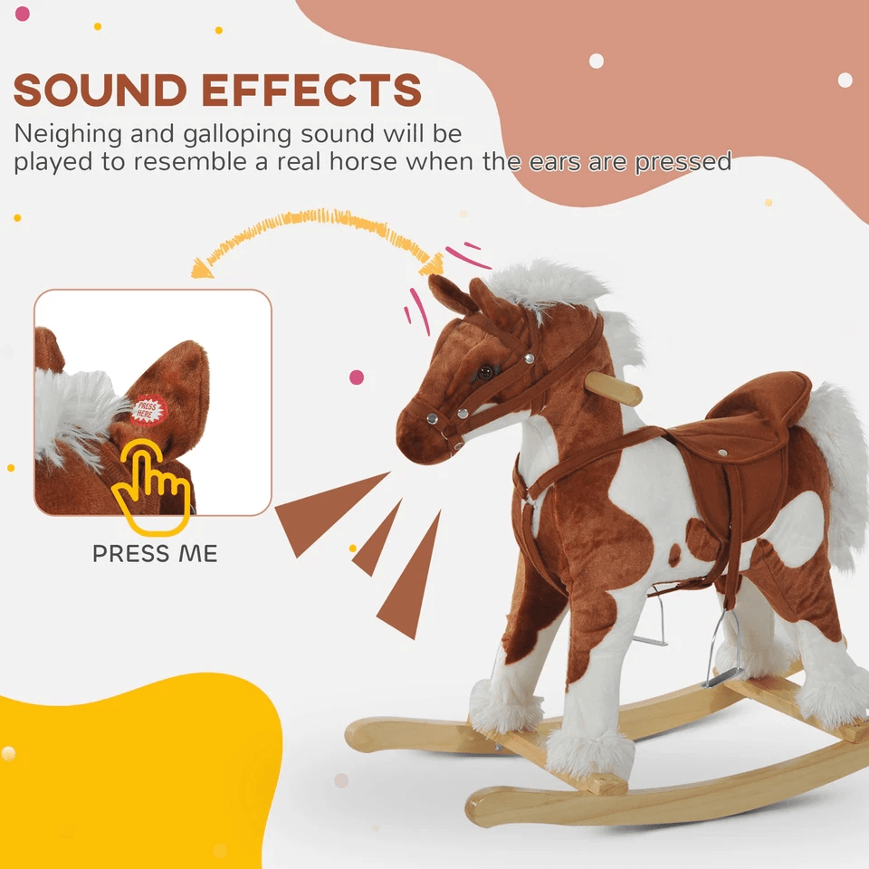 Plush Wood Kids Ride On Rocking Horse Toy Traditional Pony With Neigh Sound Safe  Fun Toddler Gift  6
