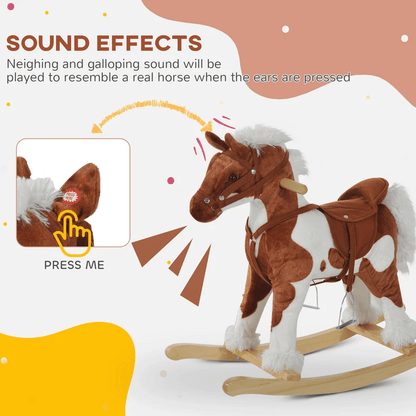 Plush Wood Kids Ride On Rocking Horse Toy Traditional Pony With Neigh Sound Safe  Fun Toddler Gift  6
