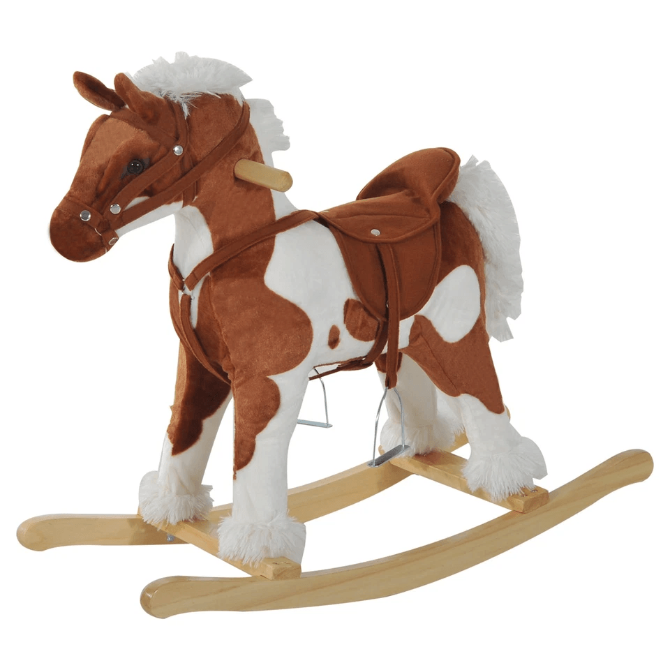 Plush Wood Kids Ride On Rocking Horse Toy Traditional Pony With Neigh Sound Safe  Fun Toddler Gift  9