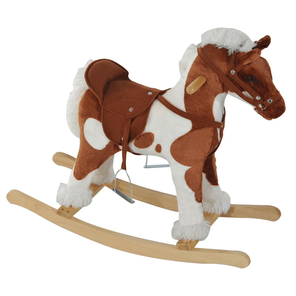 Plush Wood Kids Ride On Rocking Horse Toy Traditional Pony With Neigh Sound Safe  Fun Toddler Gift  1