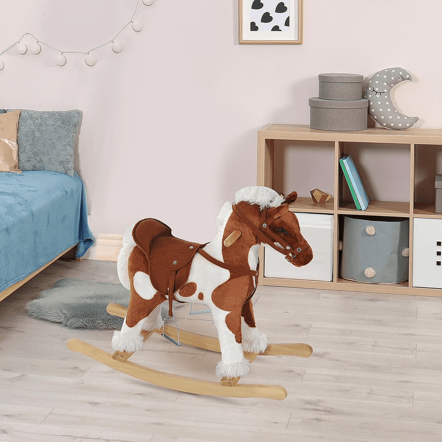 Plush Wood Kids Ride On Rocking Horse Toy, Traditional Pony with Neigh Sound, Safe & Fun Toddler Gift, Indoor Rocker