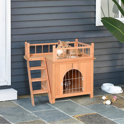 Premium Wooden Pet House for Cats, Dogs Weatherproof Outdoor Shelter with Lockable Gate, Raised Platform Multi-Tier