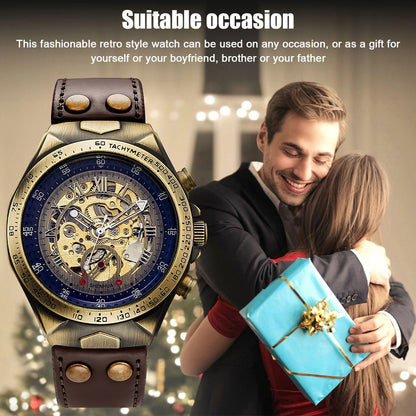 Elegant Retro Skeleton Dial Mens Watch Automatic Mechanical Movement  Premium Leather Strap 3