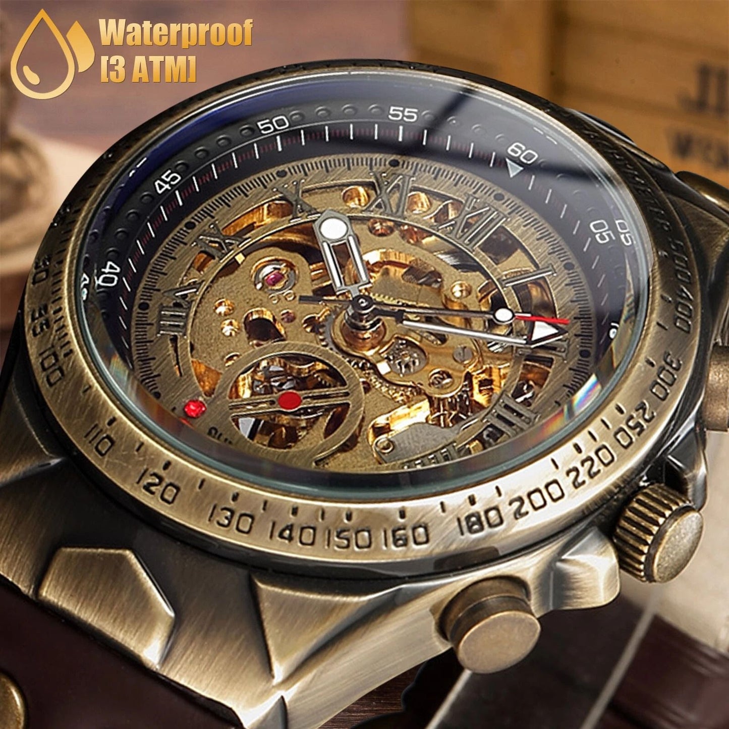 Elegant Retro Skeleton Dial Mens Watch Automatic Mechanical Movement  Premium Leather Strap 1