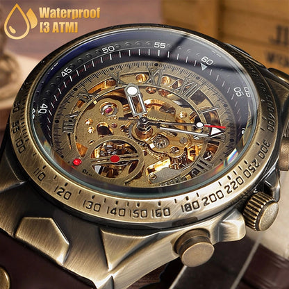 Elegant Retro Skeleton Dial Mens Watch Automatic Mechanical Movement  Premium Leather Strap 1