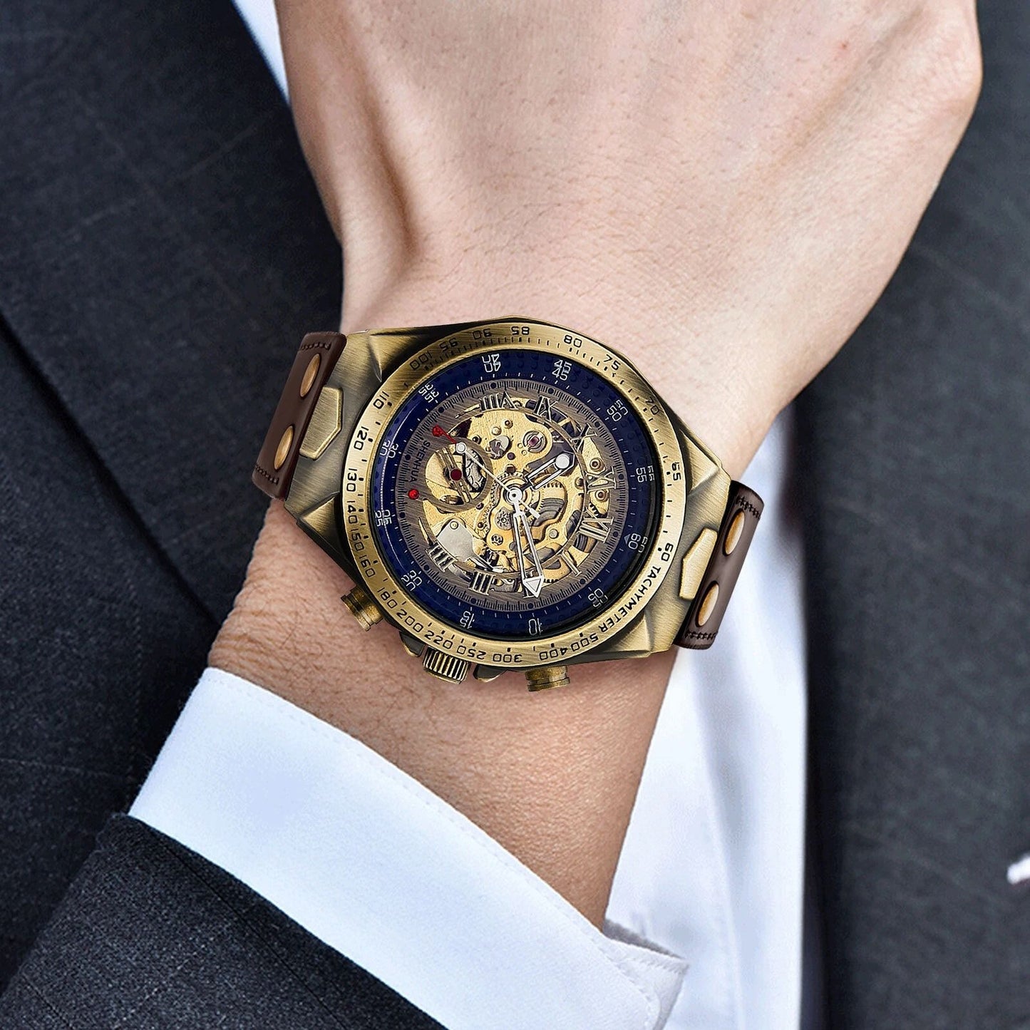 Elegant Retro Skeleton Dial Men's Watch, Automatic Mechanical Movement & Premium Leather Strap