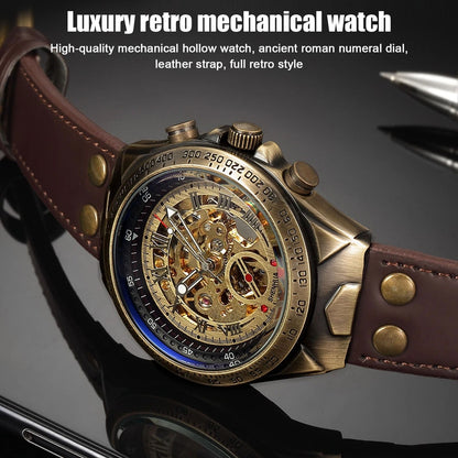 Elegant Retro Skeleton Dial Mens Watch Automatic Mechanical Movement  Premium Leather Strap 4