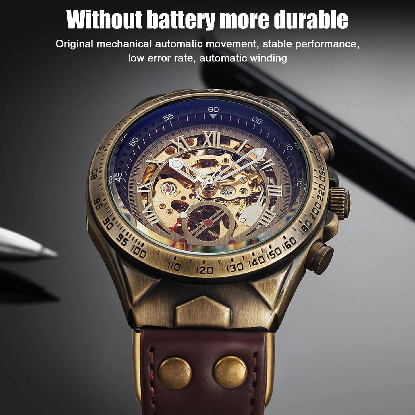 Elegant Retro Skeleton Dial Mens Watch Automatic Mechanical Movement  Premium Leather Strap 5