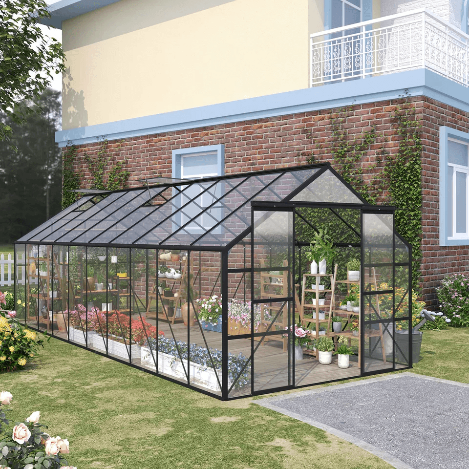 Polycarbonate Walk in Greenhouse Kit w/ Sliding Door, Outsunny Clear Garden Structure, UV Protected Panels