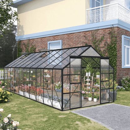 Polycarbonate Walk in Greenhouse Kit w/ Sliding Door, Outsunny Clear Garden Structure, UV Protected Panels