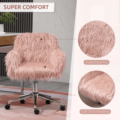 Swivel Faux Fur Office Chair In Pink Vanity Chair W Adjustable Height  Wheels 1