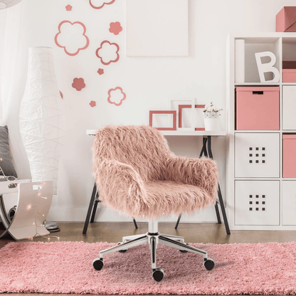Swivel Faux Fur Office Chair in Pink, Vanity Chair w/ Adjustable Height & Wheels